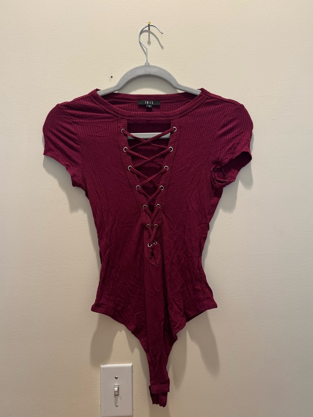 Iris Burgundy Crisscross V-neck Peekaboo Ribbed Short Sleeve Bodysuit